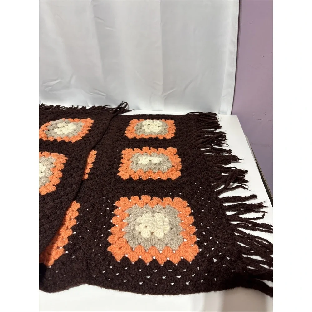 Vtg Handmade Crochet Granny Square Afghan Blanket‎ Throw Orange Brown 46X27